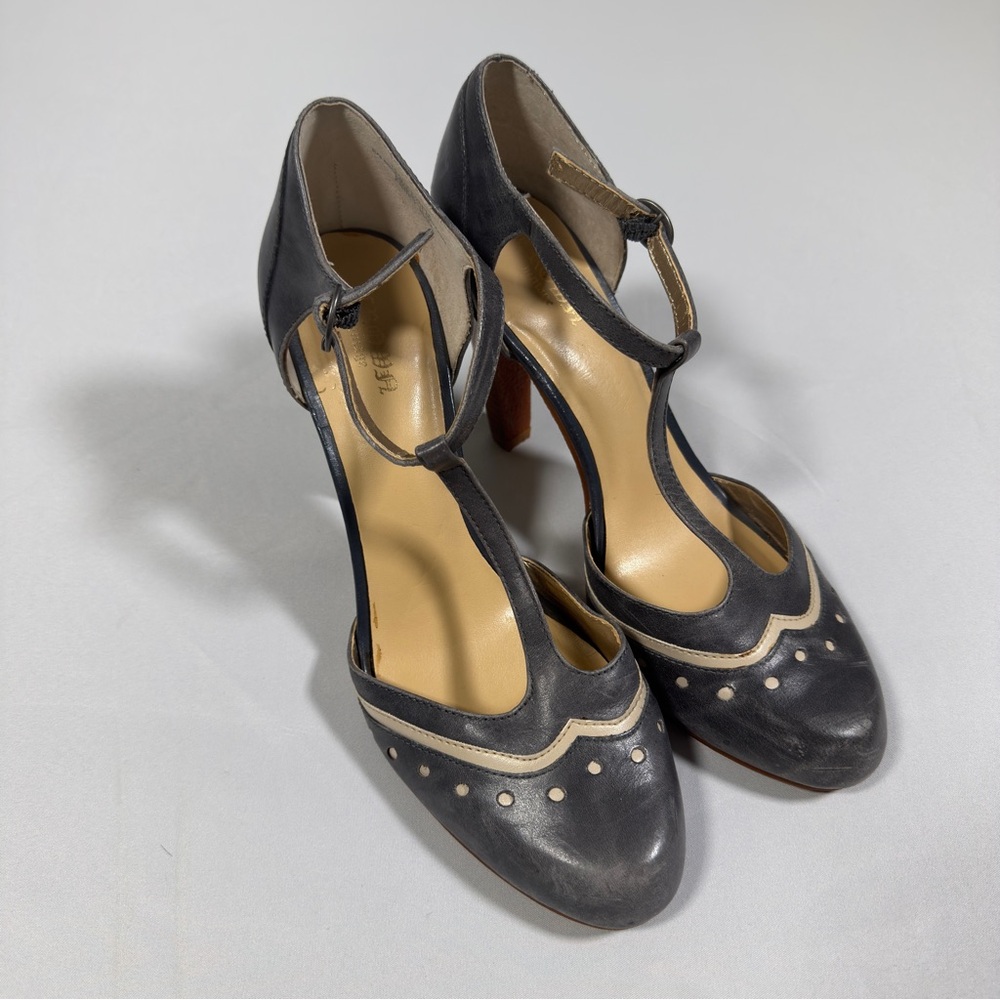 Crown Blue and Cream T-Strap Heels